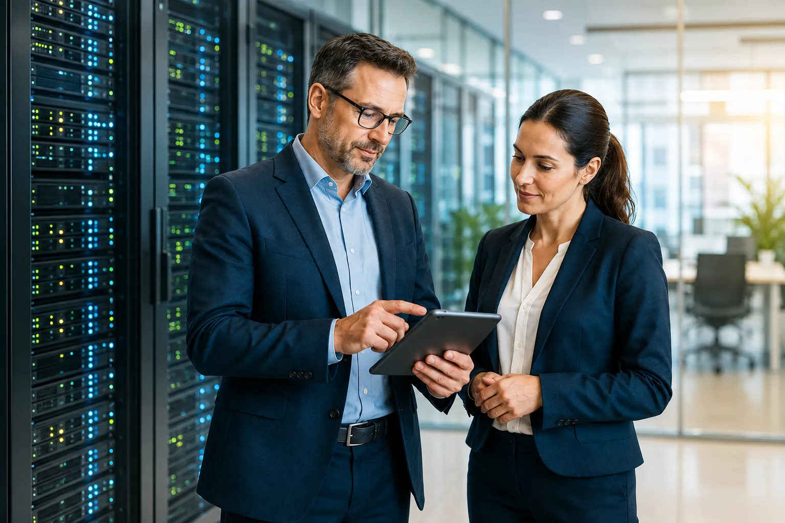 Two professionals discuss a migration project on a tablet in front of a row of servers in the data center