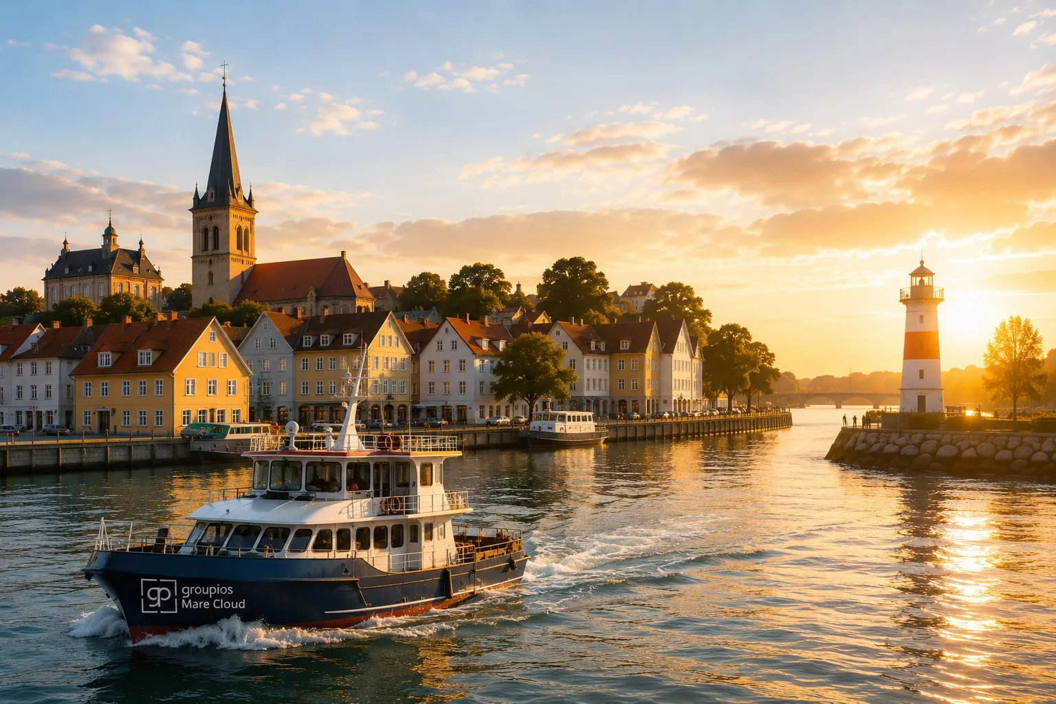 Small harbor town at sunset
